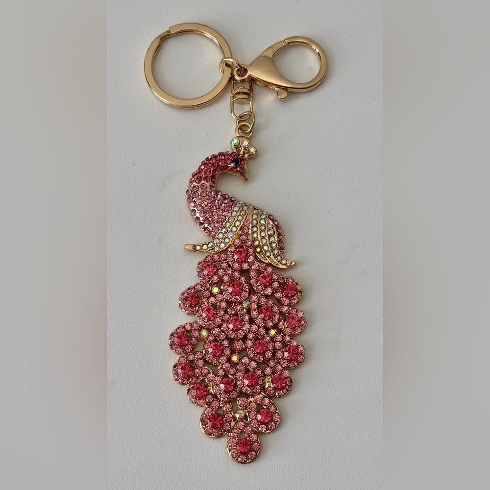 Elegant Peacock Bag Charm / Key Ring with pink and white stones.